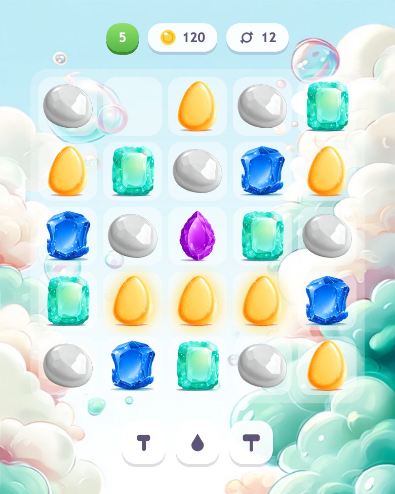 Поле Shelly Gems в середине уровня: сияющая тройка янтарных камней готова слиться