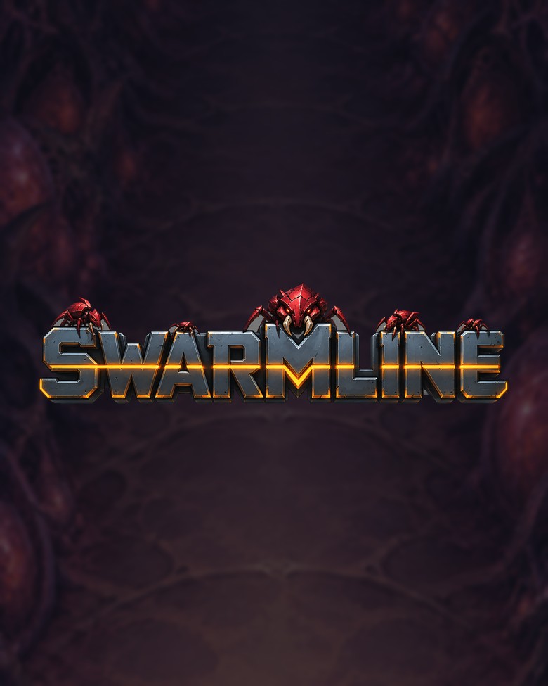 Логотип Swarmline: бронированные металлические буквы, на них красные твари роя, фон — тёмная стена улья